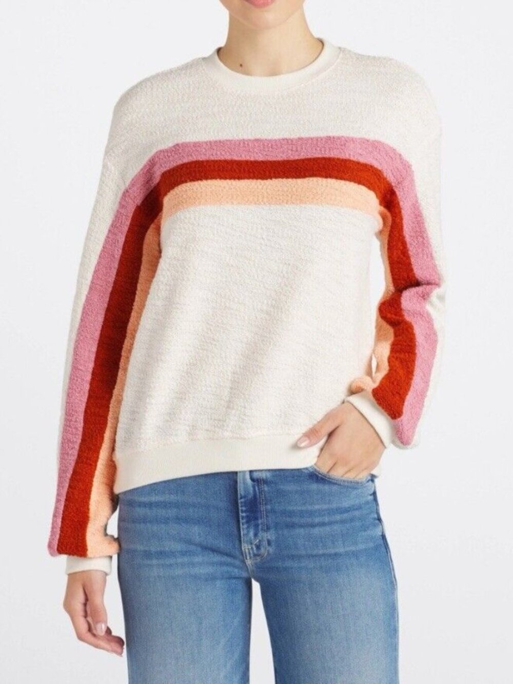 Faherty Vista Striped Pullover Sweatshirt Crew Neck Texture Knit White